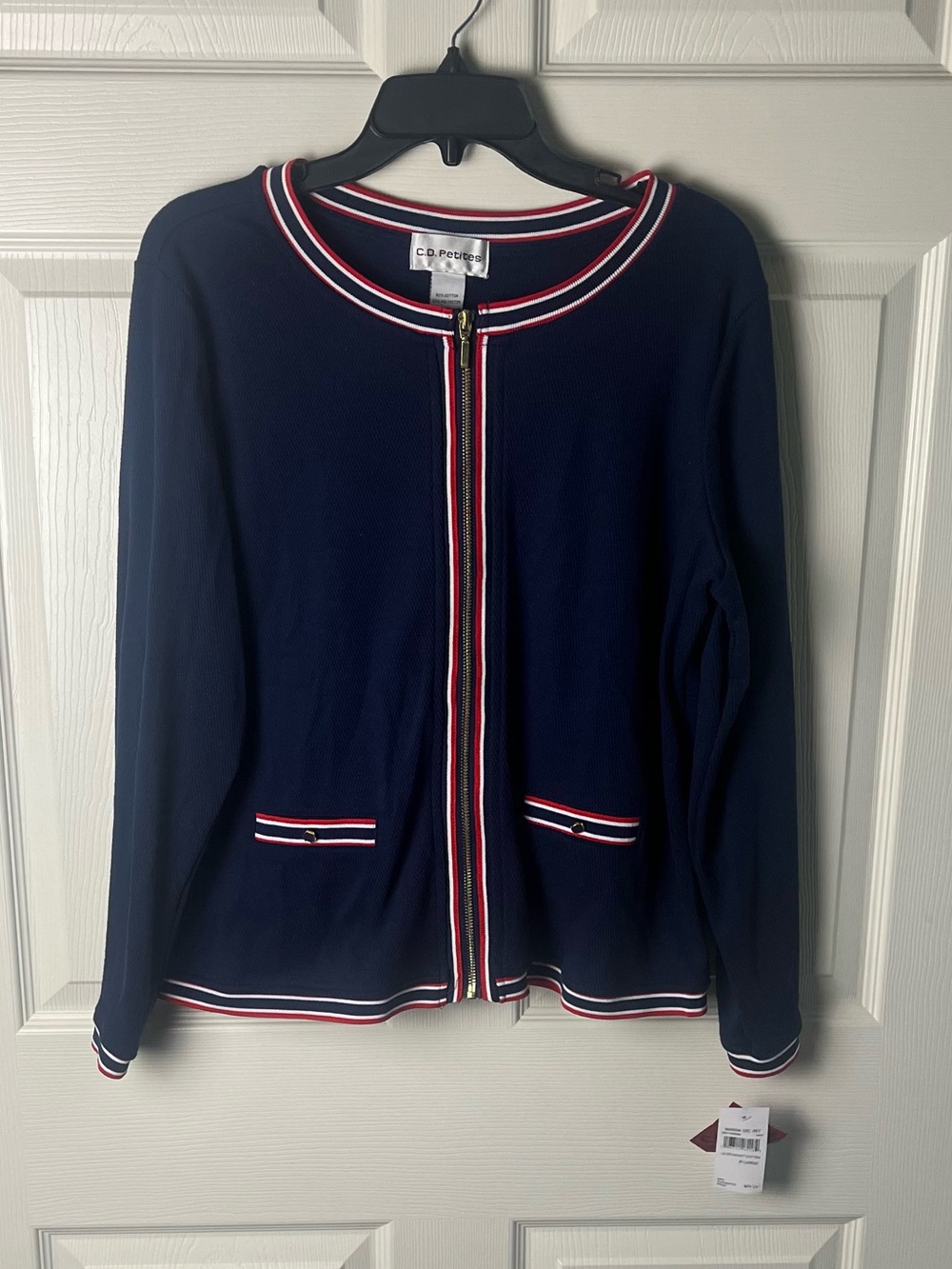 Navy Zip-Front Cardigan with Red & White Trim